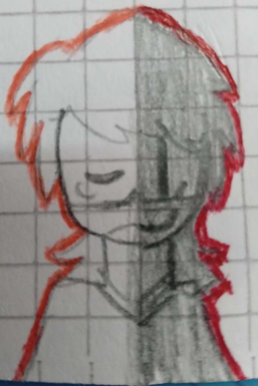 El boceto a lápiz: pelo naranja hacia rojo, ojos cerrados.