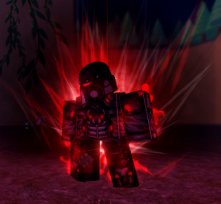 Alí en Roblox, con armadura negra y roja y una máscara con filtros, rodeado de un aura roja