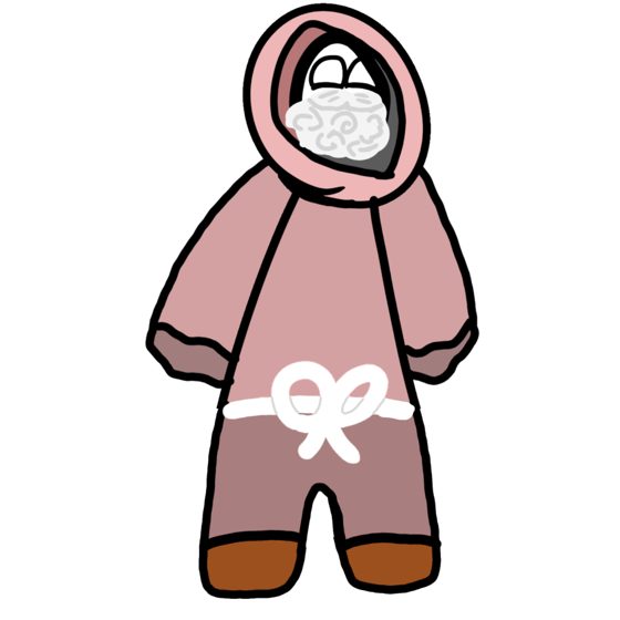 Personaje con enterito rosa con capucha y moño a la cintura.