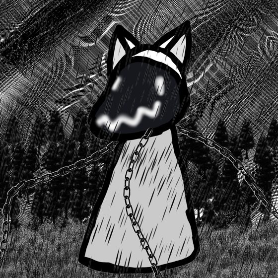 La figura de N015 sobre un bosque en blanco y negro texturado, con una cadena.