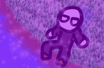 Tercera versión de la figura violeta flotante, encuadre más abierto.