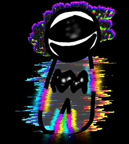 Cabeza negra de sonrisa blanca con aura de glitch de colores.