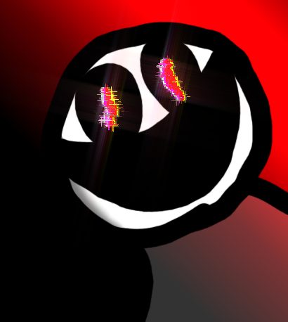 Cabeza negra de sonrisa ancha y ojos rasgados sobre fondo rojo.