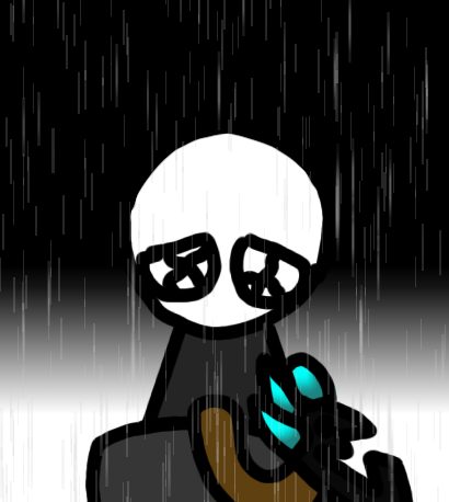 Figura de cabeza blanca bajo la lluvia sosteniendo algo celeste, en blanco y negro.