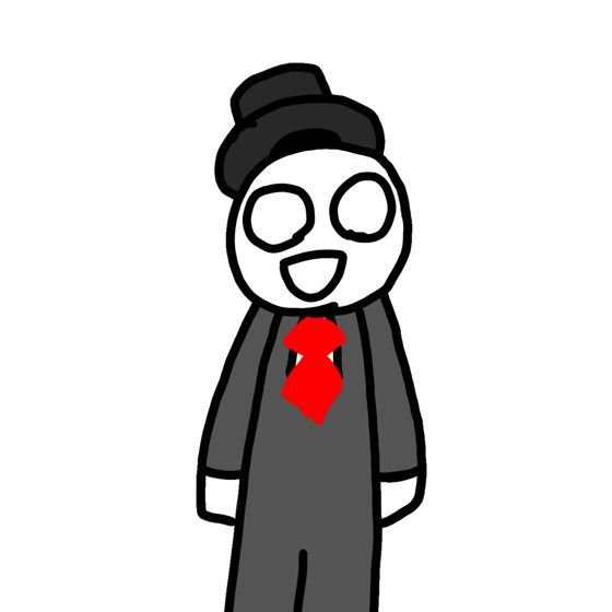 Personaje de traje gris con sombrero de copa y corbata roja.