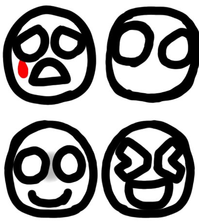 Cuatro caras redondas en fila: una llorando sangre, una neutra, una sonriente y una con los ojos en espiral.