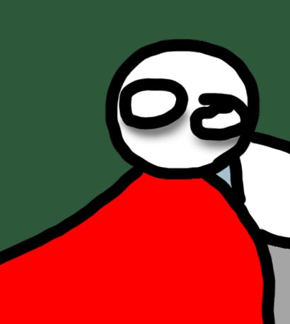 Cabeza blanca de ojos cerrados con capa roja sobre fondo verde.