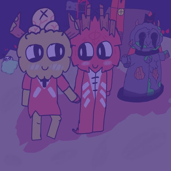 Escena de grupo de cuatro personajes ante una construcción, en paleta violeta.