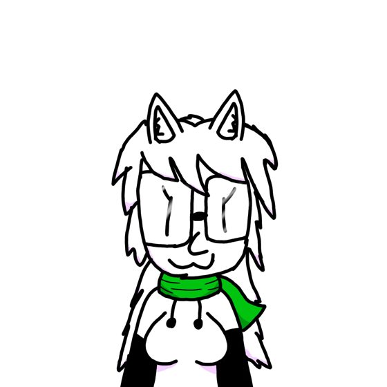 Personaje de pelo blanco largo, anteojos y bufanda verde, de cuerpo entero.