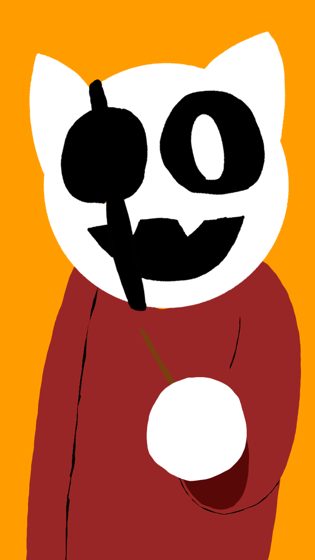 Cabeza blanca de gato con cuerpo rojo sobre fondo naranja.