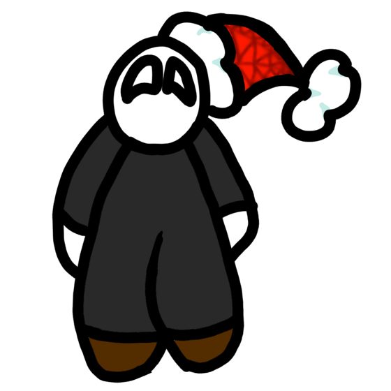 Personaje de cuerpo negro y cabeza blanca con gorro de Navidad.