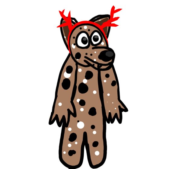 Personaje con disfraz de animal marrón moteado y cornamenta roja.