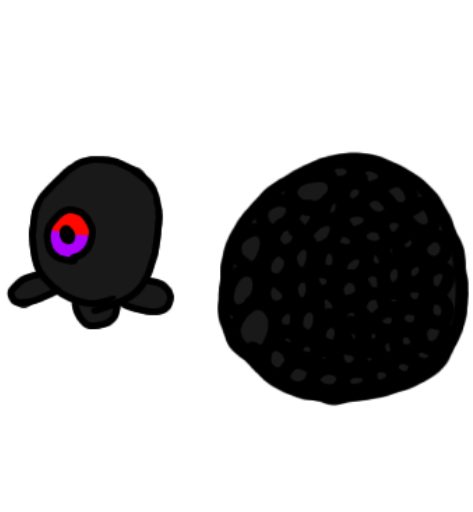 Dos formas negras: una con un ojo violeta y otra esférica texturada.