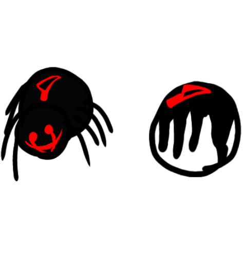 Dos cabezas negras con marcas rojas, una con patas de araña.
