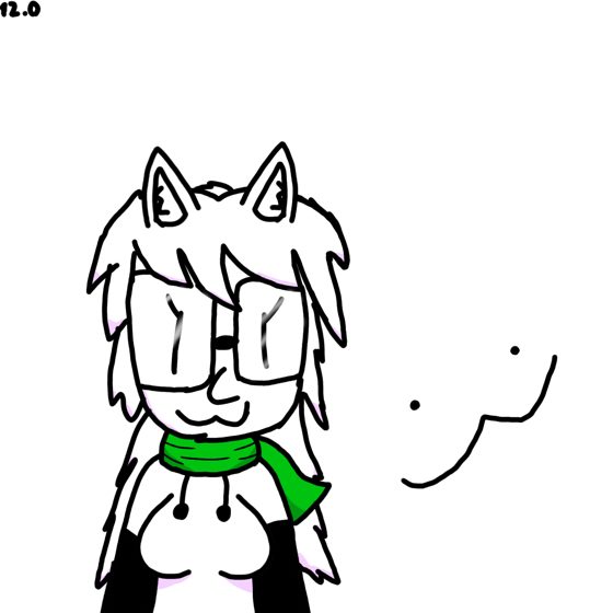 Personaje de pelo blanco y bufanda verde junto a una cara garabateada.