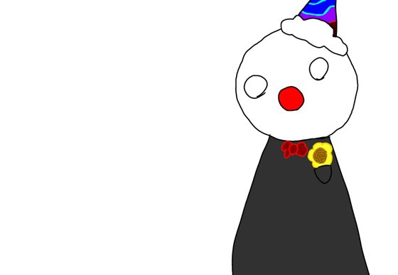 Cabeza blanca con gorro de fiesta y nariz roja de payaso, cuerpo negro.