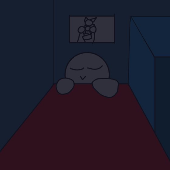 Interior oscuro de un cuarto con una figura durmiendo en una cama y un cuadro en la pared.