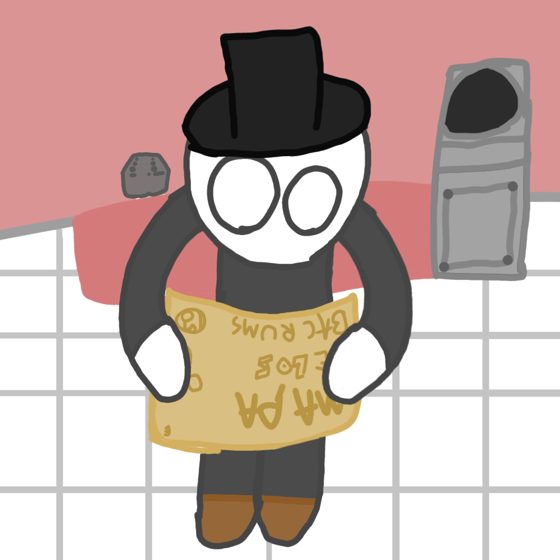 Personaje de sombrero de copa con un cartel de cartón colgado del cuello, junto a un tacho de basura.