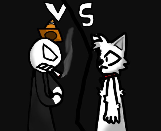 Cartel de pelea «VS» entre un personaje de cabeza blanca y otro felino de blanco y negro.