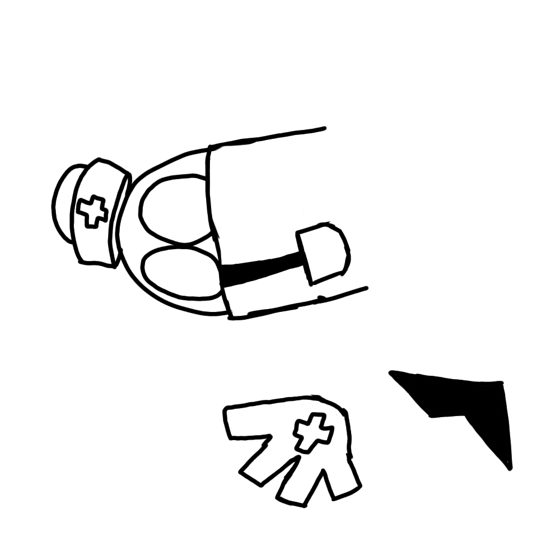 Boceto suelto de un personaje tumbado con una cruz en la cabeza.