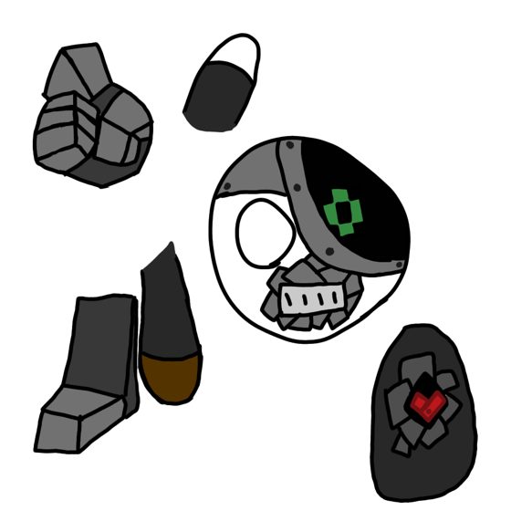 Piezas sueltas de un diseño: cabeza con visor verde, botas, guantes y una piedra con un rombo rojo.