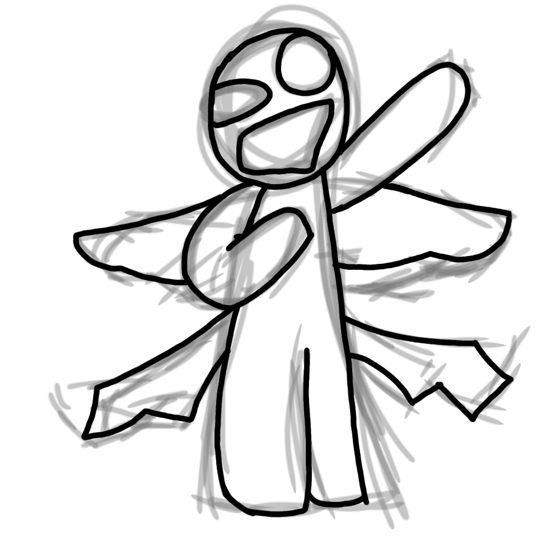Boceto a lápiz de una figura de brazos abiertos con capa.