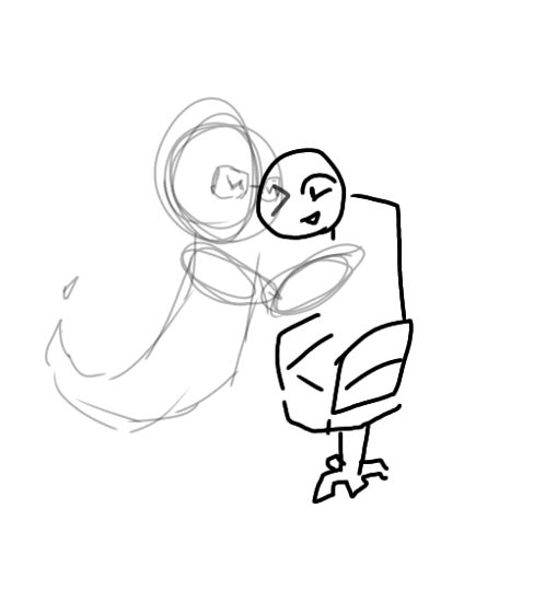 Boceto de dos figuras, una encapuchada y otra de cabeza redonda con patas de pájaro.