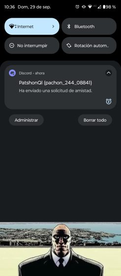Captura de celular: notificación de Discord de una solicitud de amistad de PatshonQl.
