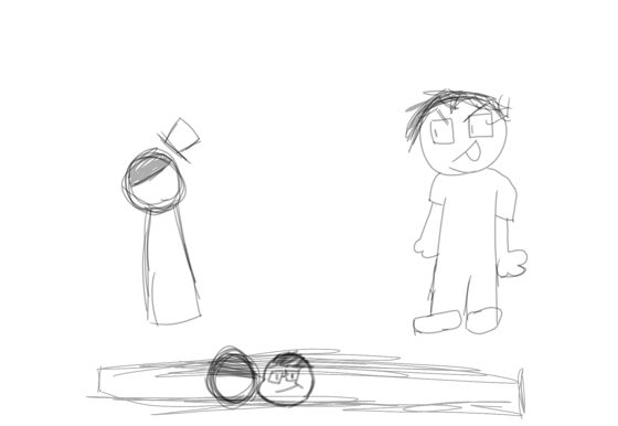 Boceto de dos figuras de pie y dos cabezas sueltas apoyadas en una línea.
