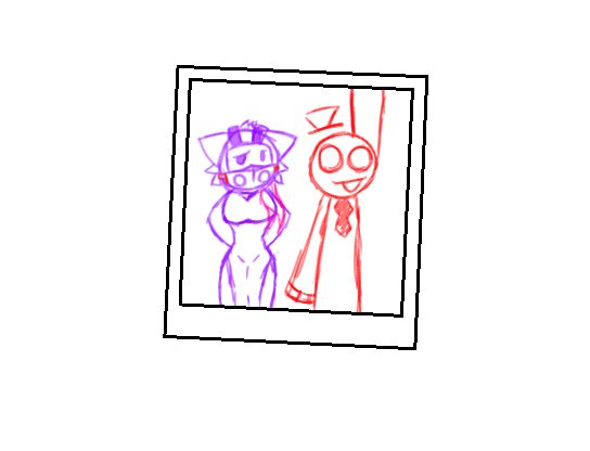 Dibujo de una foto enmarcada con dos personajes, uno violeta y otro rojo.