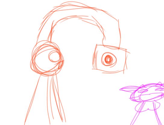 Boceto en rojo de una cabeza con auriculares y una figura chica en rosa.