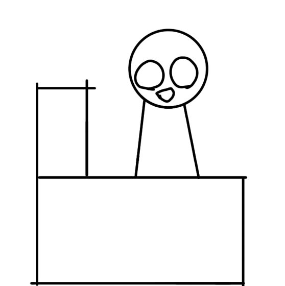 Figura de cabeza redonda parada detrás de un mostrador, dibujo de línea simple.