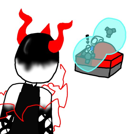 Personaje de pelo negro con llamas rojas junto a la caja de vidrio. Igual que N071.