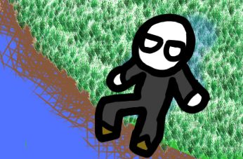 La misma figura, ahora negra, sobre un fondo de pasto y agua.