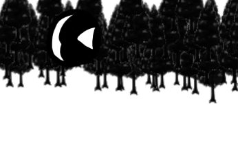 Bosque negro en silueta bajo una luna en cuarto creciente.