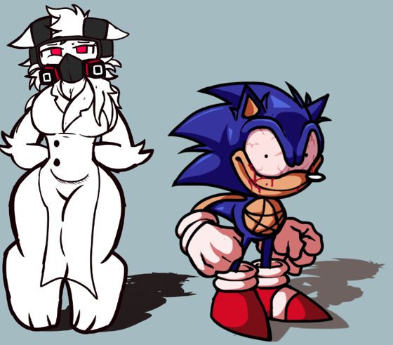 Dos personajes juntos: uno blanco peludo con bata y un Sonic con la cara ensangrentada.