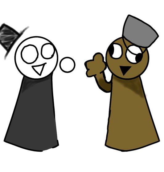 Dos figuras de pie, una de sombrero de copa negro y otra marrón saludando.