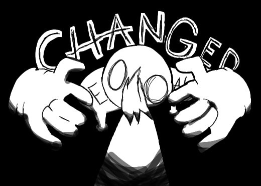 Versión final en blanco y negro del rótulo «CHANGED» con las manos.