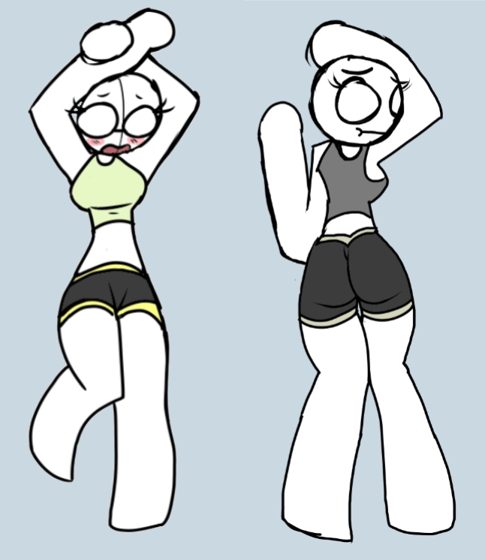 Dos personajes femeninos de cuerpo entero, uno de top verde y otro de musculosa gris.