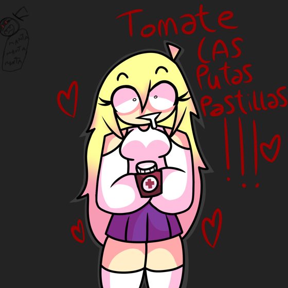 Personaje rubio sosteniendo un frasco, con el texto en rojo «Tomate las putas pastillas!!!».