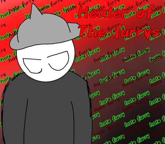Personaje gris sobre un fondo rojo cubierto de la palabra «hate furry».