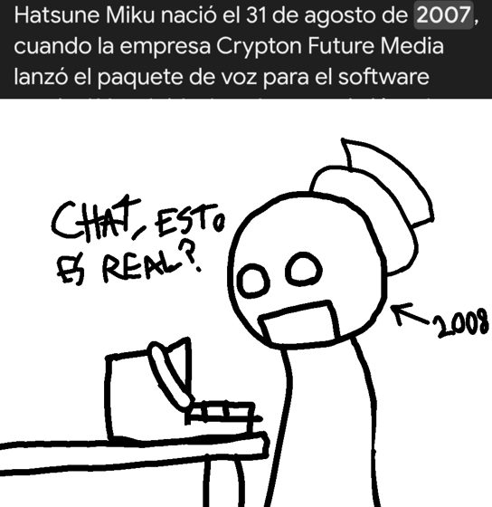 Meme sobre Hatsune Miku con un dibujo de una figura frente a una computadora y el texto «CHAT, ESTO ES REAL?».
