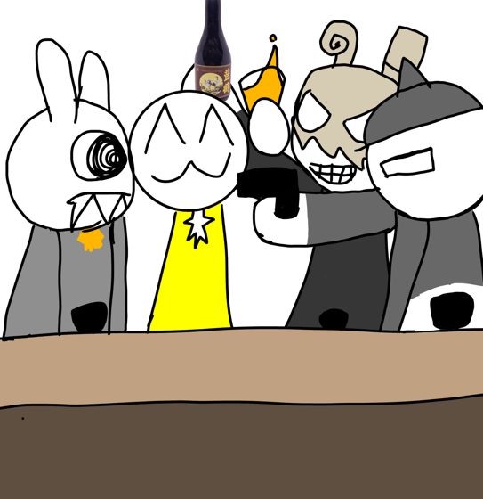 Cinco personajes en fila detrás de una mesa, como una foto de grupo.