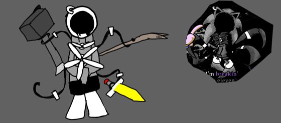 Personaje vendado con mazo y espada amarilla, junto a una versión oscura del mismo. Variante de N042.
