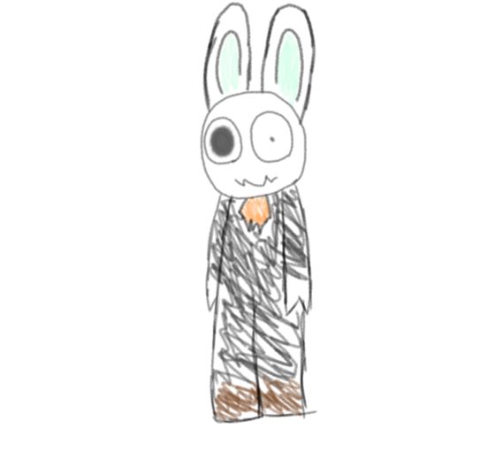Personaje de orejas largas de conejo dibujado a lápiz sobre papel.