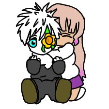 Dos personajes abrazados sentados, uno de pelo blanco con una flor en el ojo. Igual que N047.