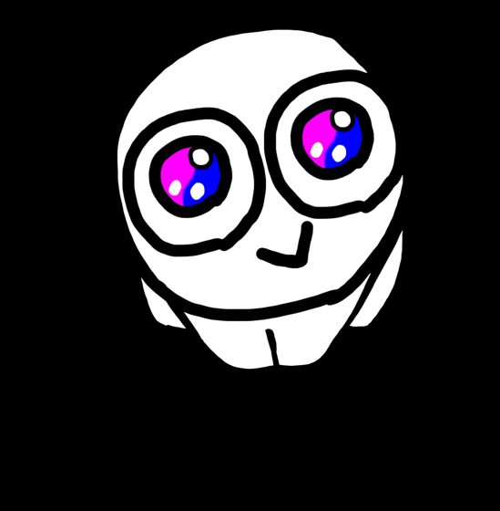 Cabeza blanca de ojos violetas y celestes sobre fondo negro.