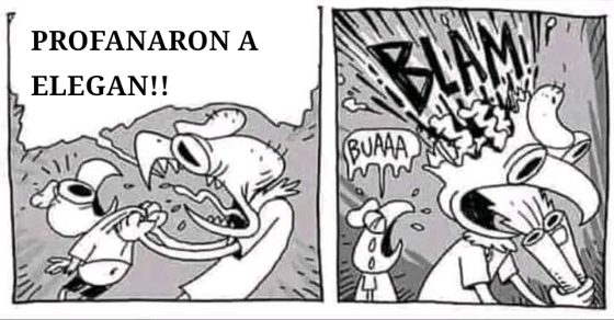 Viñeta de historieta con el rótulo «PROFANARON A ELEGAN!!» y tres cuadros de reacción.