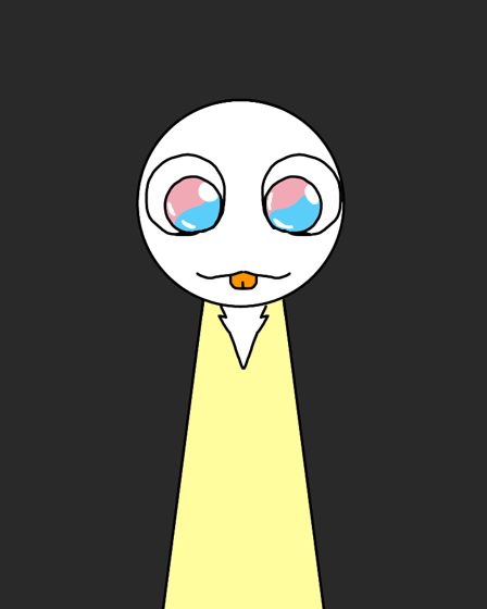 Personaje de cabeza blanca y ojos celestes con túnica amarilla, sobre fondo negro.