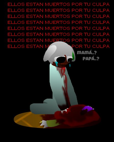 Escena oscura de un personaje herido arrodillado en un charco de sangre, con el texto repetido «ELLOS ESTAN MUERTOS POR 